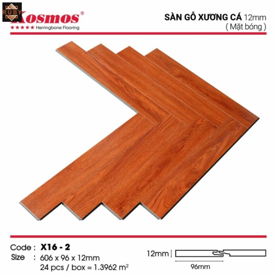 Sàn Gỗ Kosmos Xương Cá Cốt Xanh 12mm Đế Cao Su X16-2