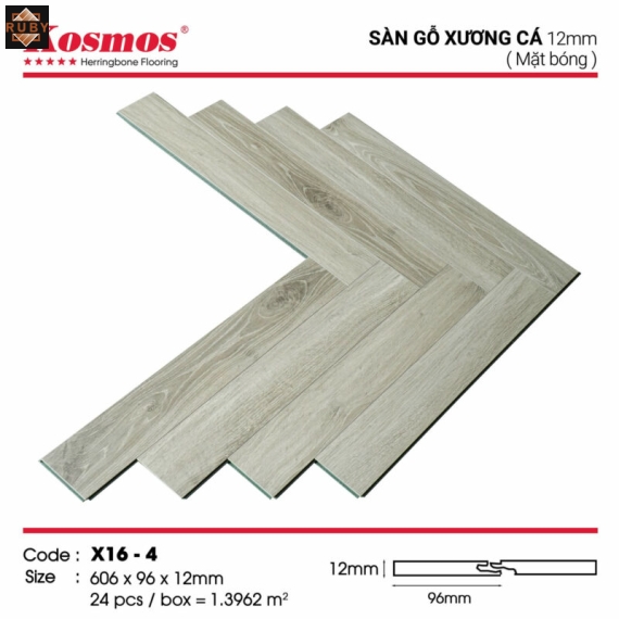 Sàn Gỗ Kosmos Xương Cá Cốt Xanh 12mm Đế Cao Su X16-4